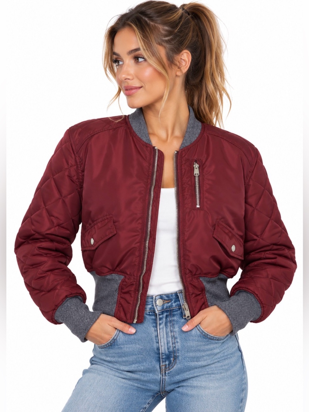Free People Burgundy Quilted Cropped Bomber Jacket Fall Winter Moto Chic Cute L